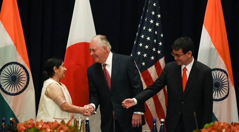 Swaraj Holds Trilateral Talks With US, Japan Counterparts Swaraj Holds Trilateral Talks With US, Japan Counterparts