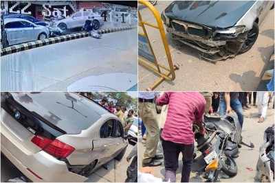 K'taka: 2 injured as BMW driver loses control, jumps divider K'taka: 2 injured as BMW driver loses control, jumps divider