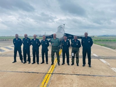 IAF chief V.R. Choudhary flies indigenous aircraft in Bangalore IAF chief V.R. Choudhary flies indigenous aircraft in Bangalore