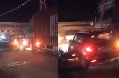 SP leader's car hit by truck, dragged on for 500 mts SP leader's car hit by truck, dragged on for 500 mts