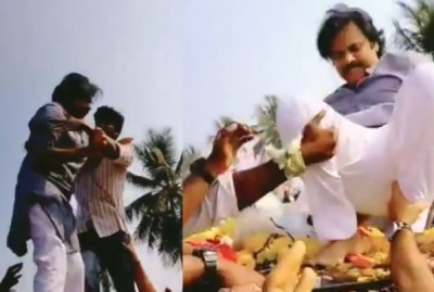 Pawan Kalyan slips and falls as a fan tries to hug him, but recovers fast