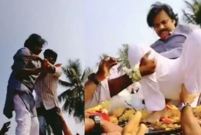 Pawan Kalyan slips and falls as a fan tries to hug him, but recovers fast Pawan Kalyan slips and falls as a fan tries to hug him, but recovers fast