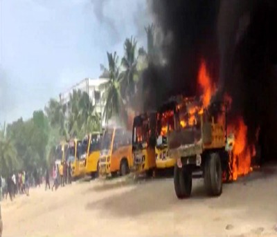 Students clash with police, burn vehicle in TN's Kallakurichi