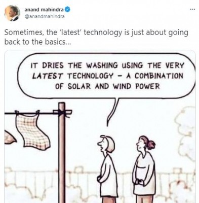 Mahindra's tweet on 'latest tech' to dry clothes leaves Twitterati in splits Mahindra's tweet on 'latest tech' to dry clothes leaves Twitterati in splits