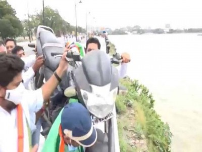 KTR for action against protestors who threw bike, cylinder in lake KTR for action against protestors who threw bike, cylinder in lake