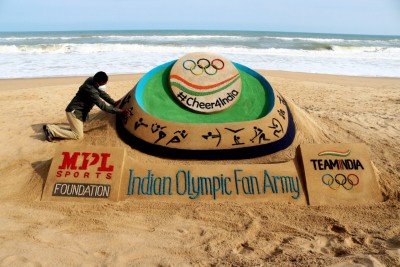 Artist Pattnaik unveils sand art for Indian athletes at Tokyo Olympics Artist Pattnaik unveils sand art for Indian athletes at Tokyo Olympics