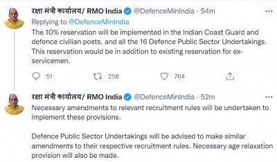 Centre approves 10% quota for Agniveers in Defence Ministry jobs Centre approves 10% quota for Agniveers in Defence Ministry jobs