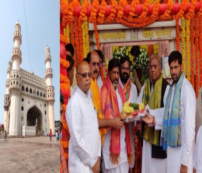 Congress leaders pray at Charminar temple amid row Congress leaders pray at Charminar temple amid row