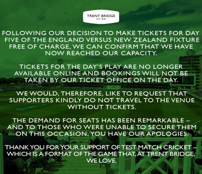 Trent Bridge's unique gift to Test cricket; no entry fee for final day of Eng-NZ game Trent Bridge's unique gift to Test cricket; no entry fee for final day of Eng-NZ game