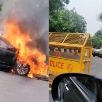 Delhi: Car rams into divider, catches fire