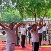 Chandigarh Administrator Banwarilal Purohit performs yoga at Rock Garden