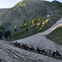 Pilgrims leave Baltal base camp to begin Amarnath Yatra