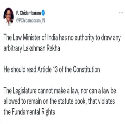 Law Minister has no authority to draw arbitrary 'Lakshman Rekha: Chidambaram Law Minister has no authority to draw arbitrary 'Lakshman Rekha: Chidambaram