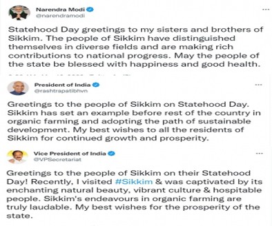 Prez, VP & PM greet people of Sikkim on Statehood Day Prez, VP & PM greet people of Sikkim on Statehood Day