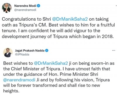 PM congratulates Manik Saha on taking oath as CM of Tripura