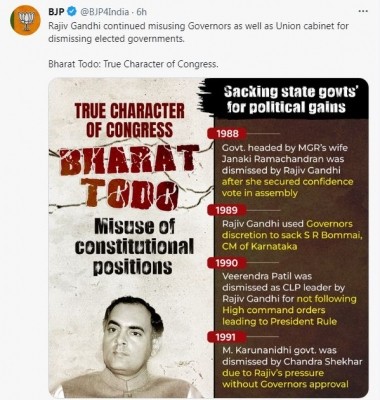 Rajiv Gandhi 'misused' Governor's office to dismiss elected governments: BJP Rajiv Gandhi 'misused' Governor's office to dismiss elected governments: BJP