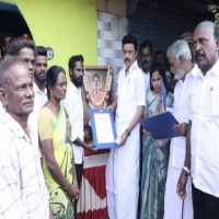 Stalin visits footballer's house, hands over Rs 10 lakh solatium, job letter for brother