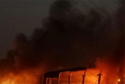 Passengers escape unhurt as bus catches fire in Telangana Passengers escape unhurt as bus catches fire in Telangana