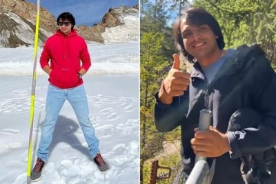 Neeraj Chopra celebrates successful season with his javelin in Switzerland Neeraj Chopra celebrates successful season with his javelin in Switzerland